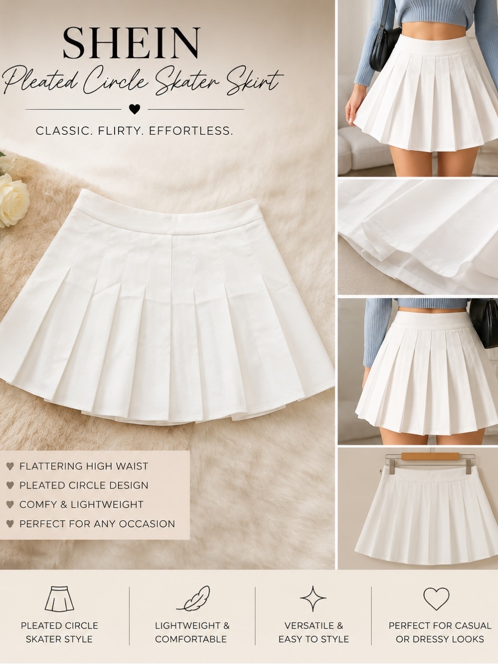 SHEIN White Pleated Circle Skater Skirt